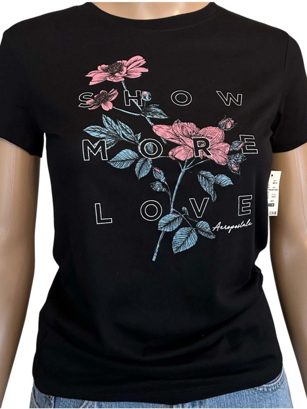 NEW Aeropostale Black Tee with Pink & Blue Floral "Show More Love" Graphic